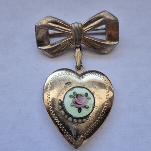 Vintage Coro Gold Tone Heart Locket Brooch Bow Dangle Floral Guilloché